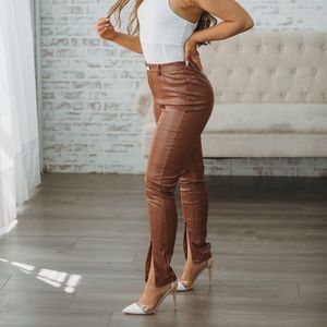 Faux Leather Brown Split Front Pants